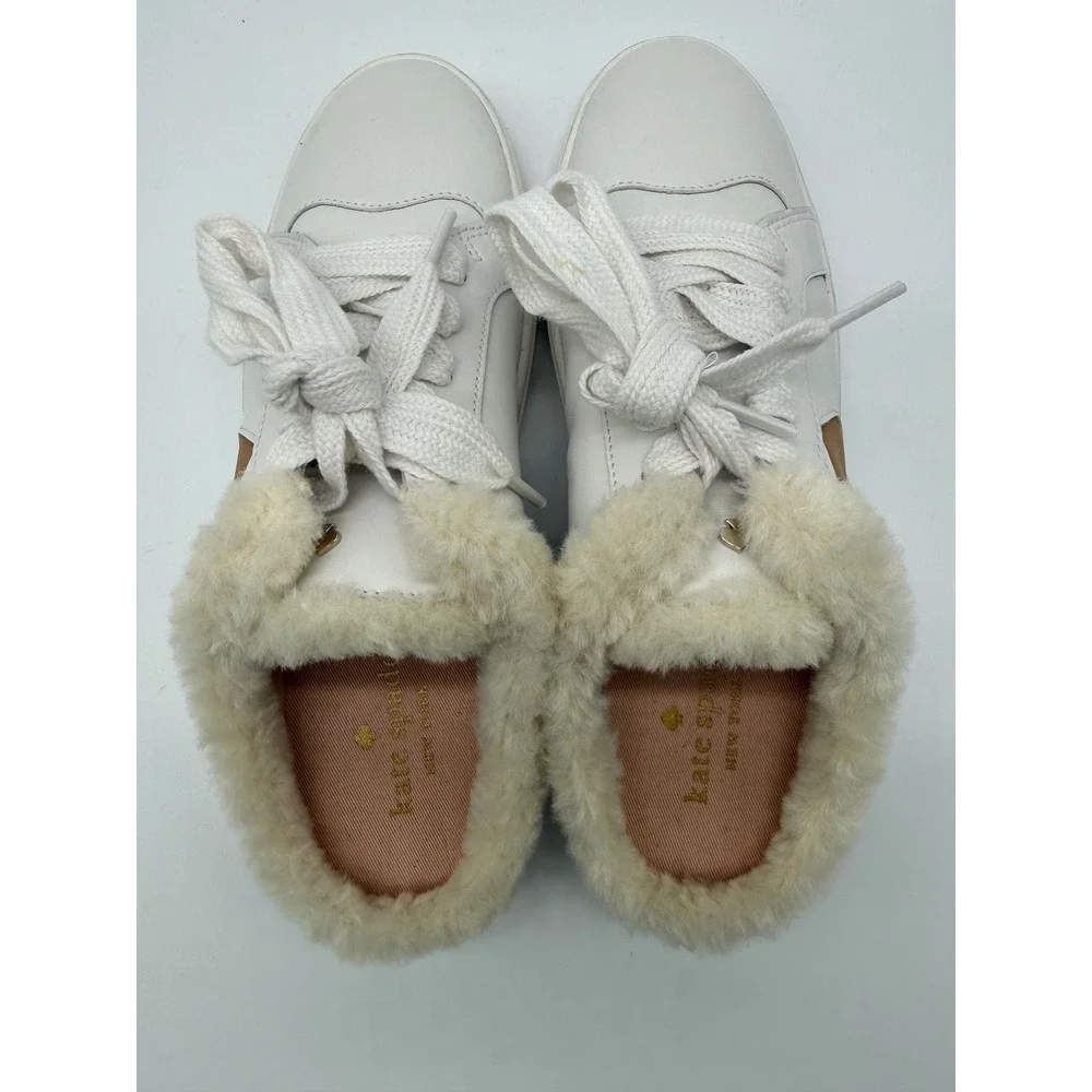 Kate Spade Fez Mule Winter Lace Up Sneaker White Leather‎ Faux Fur Trim 7.5B